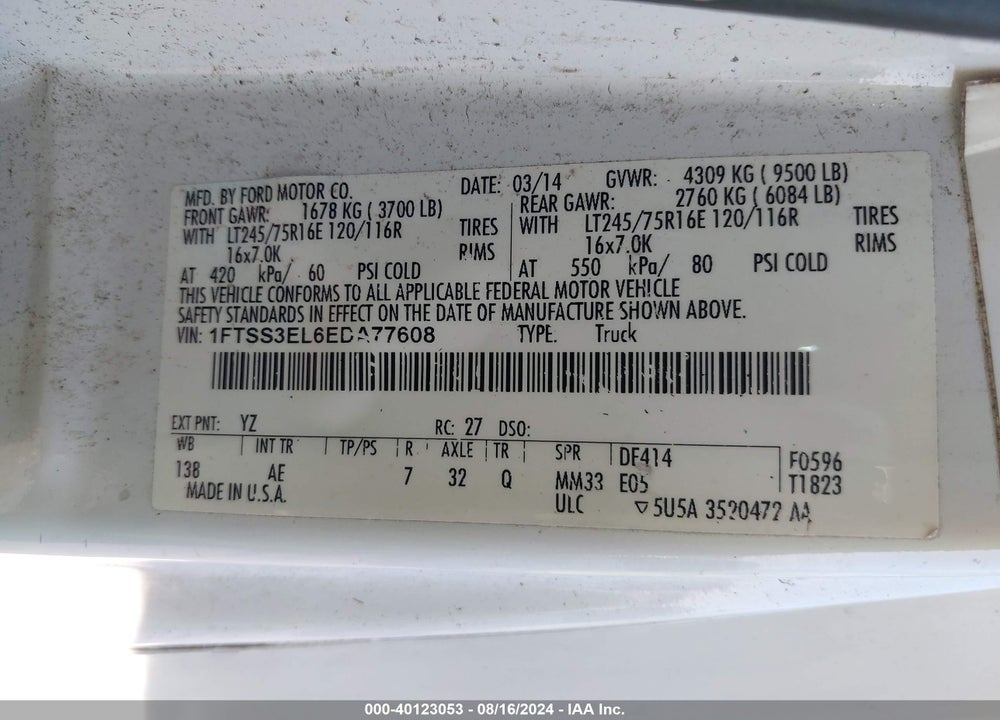 2014 FORD E-350 SUPER DUTY COMMERCIAL/RECREATIONAL VIN: 1FTSS3EL6EDA77608