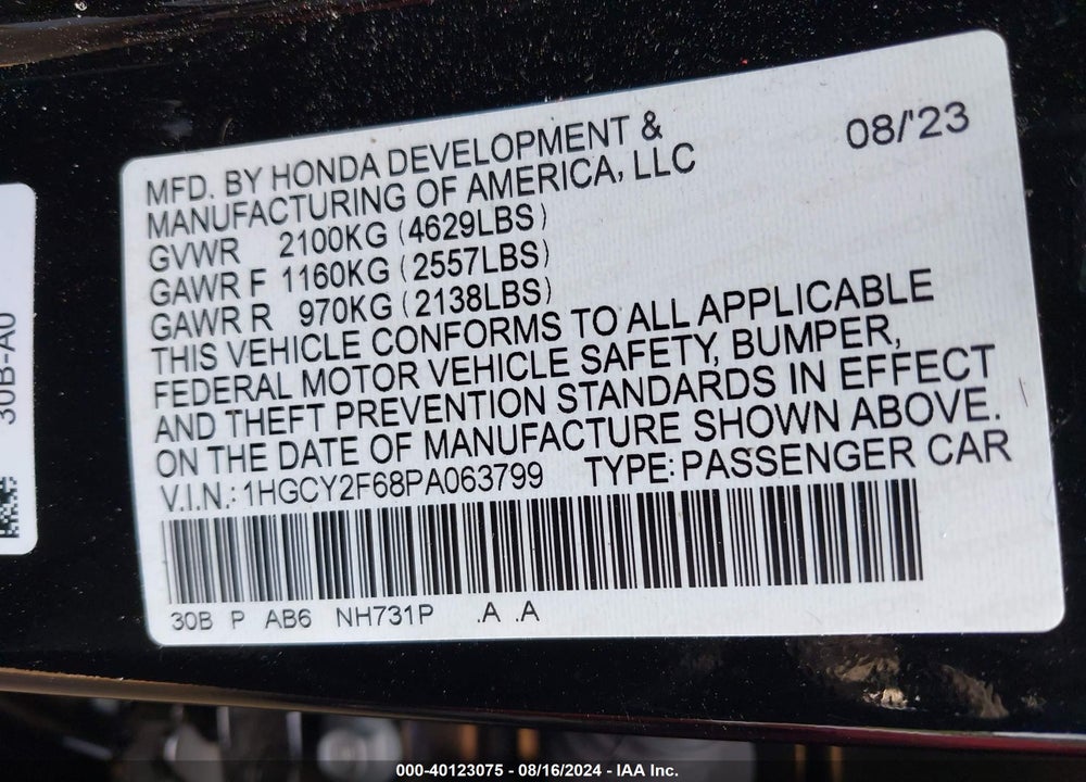 2023 HONDA ACCORD HYBRID EX-L VIN: 1HGCY2F68PA063799