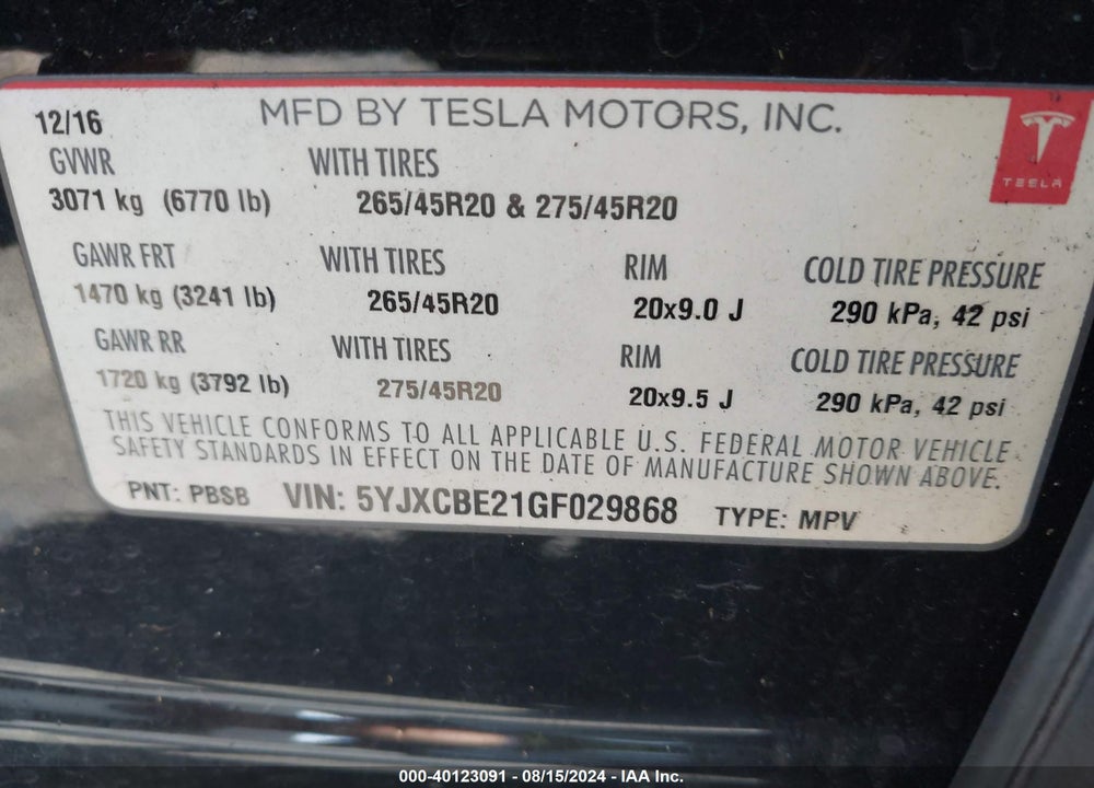 2016 TESLA MODEL X 60D/70D/75D/90D/P100D VIN: 5YJXCBE21GF029868