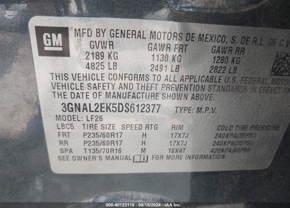 2013 CHEVROLET CAPTIVA SPORT 2LS VIN: 3GNAL2EK5DS612377
