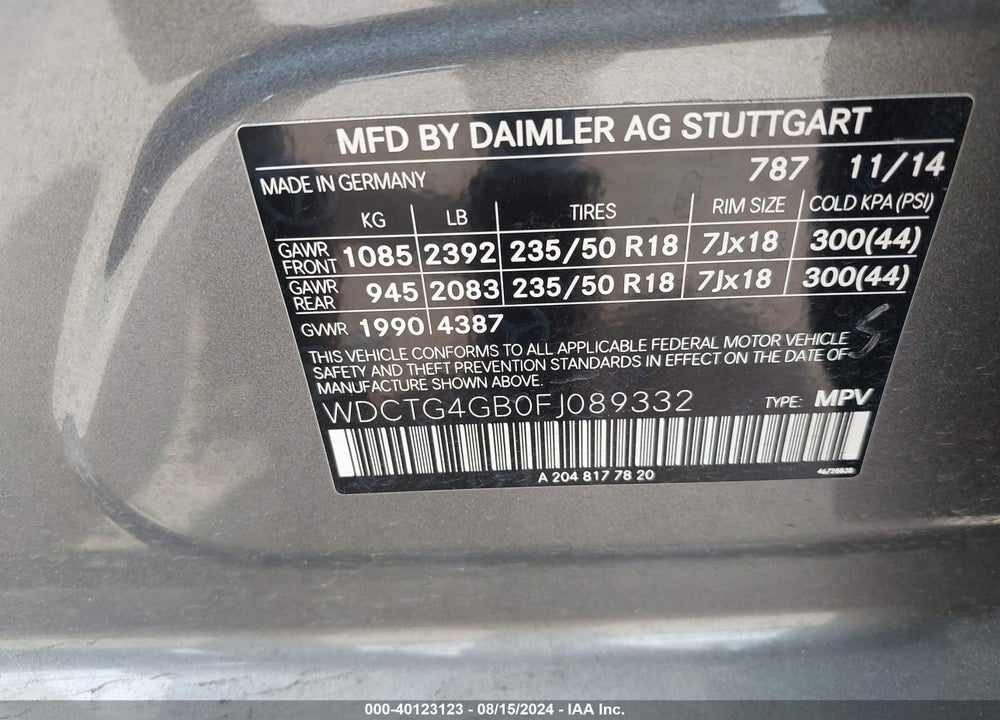 2015 MERCEDES-BENZ GLA 250 4MATIC VIN: WDCTG4GB0FJ089332