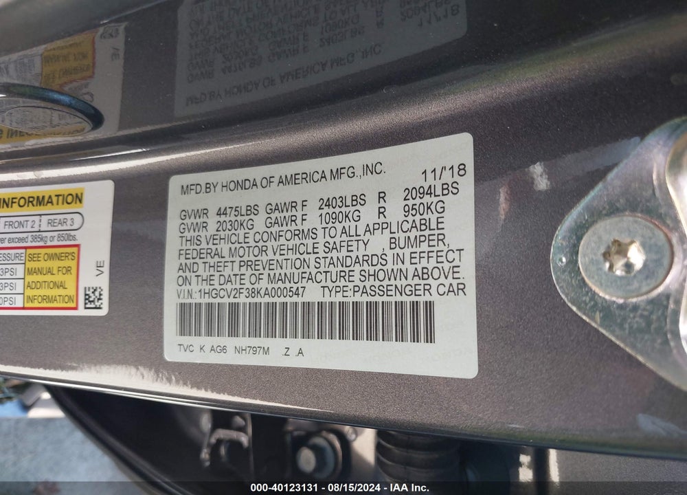2019 HONDA ACCORD SPORT 2.0T VIN: 1HGCV2F38KA000547