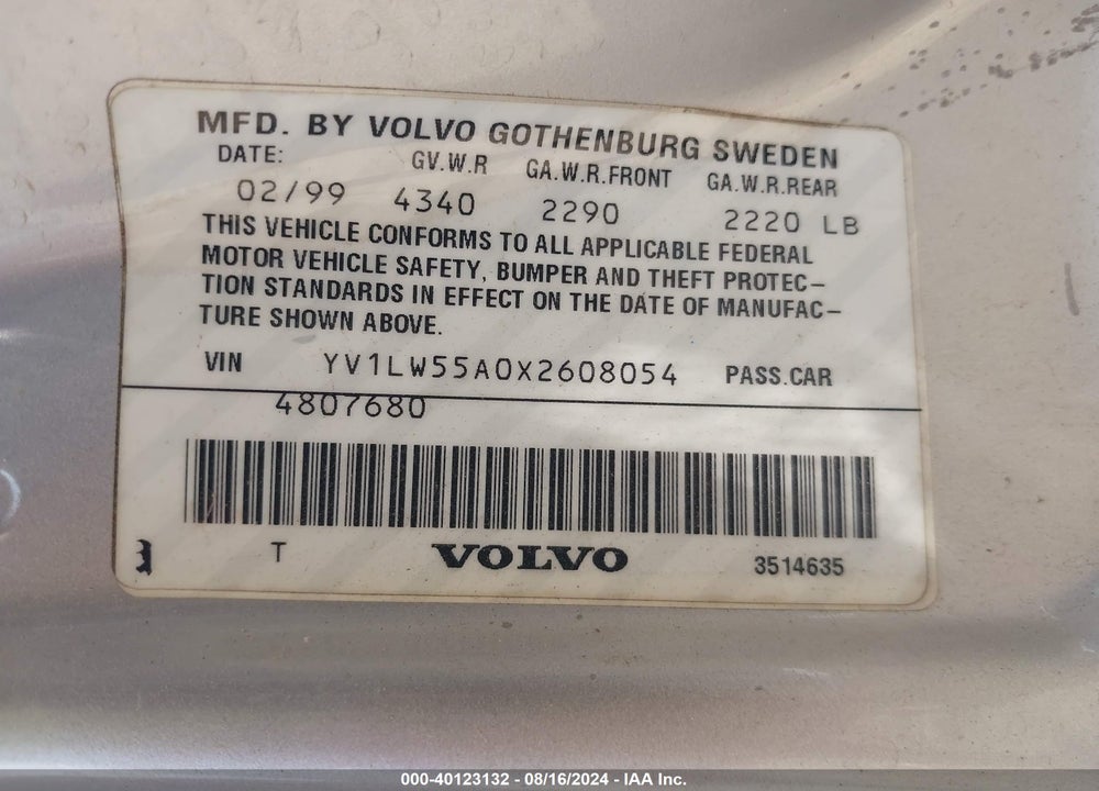 1999 VOLVO V70 VIN: YV1LW55A0X2608054