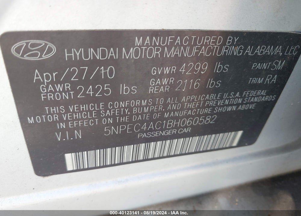 2011 HYUNDAI SONATA VIN: 5NPEC4AC1BH060582