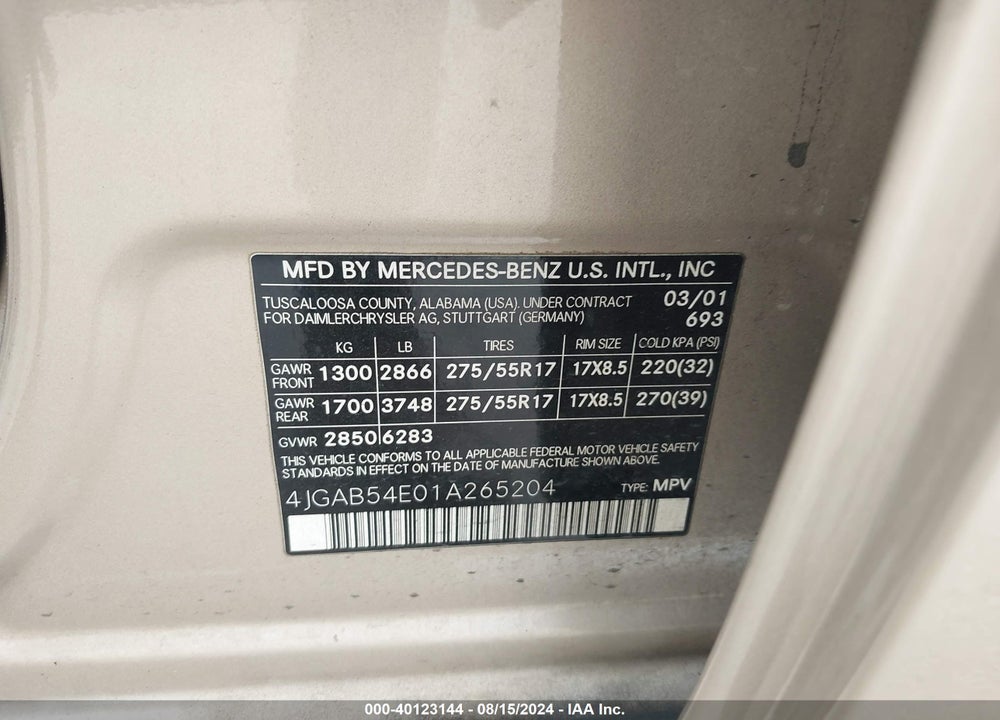 2001 MERCEDES-BENZ ML 320 VIN: 4JGAB54E01A265204
