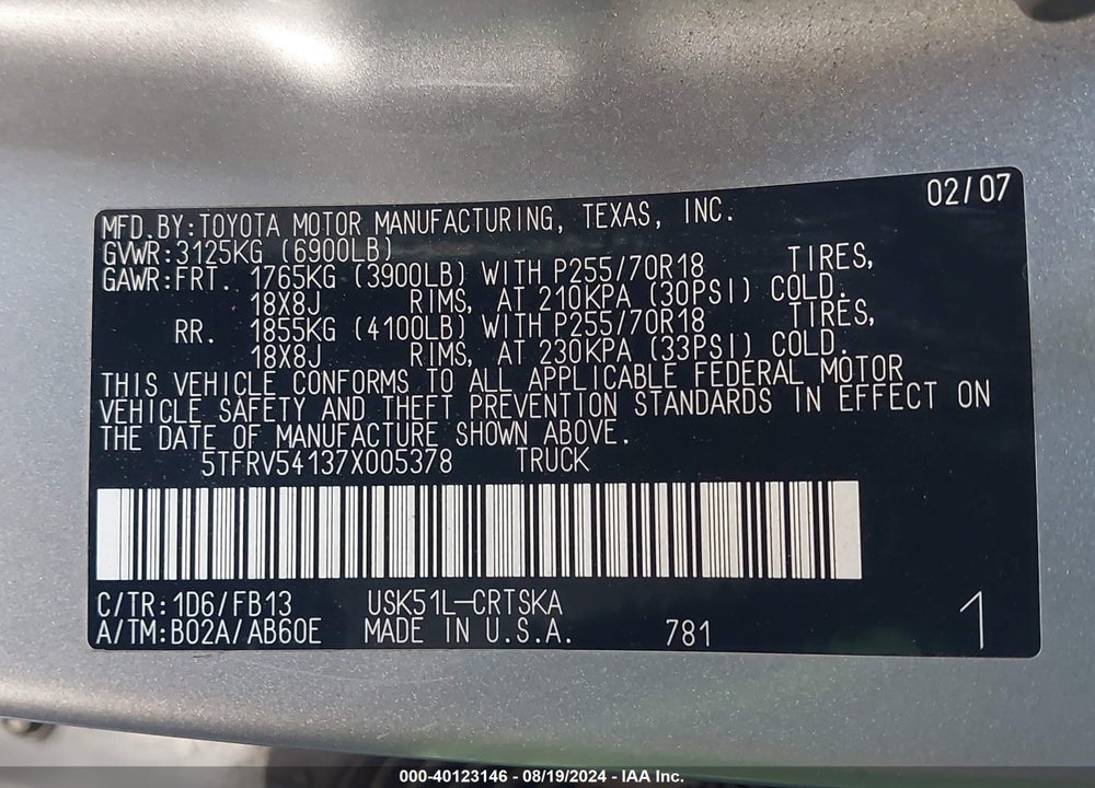 2007 TOYOTA TUNDRA SR5 V8 VIN: 5TFRV54137X005378