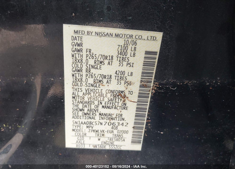 2007 NISSAN ARMADA LE VIN: 5N1AA08C57N706342