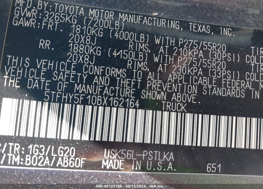 2011 TOYOTA TUNDRA LIMITED 5.7L V8 VIN: 5TFHY5F10BX162164