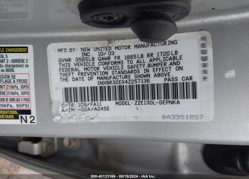 2004 TOYOTA COROLLA LE VIN: 1NXBR32EX4Z257136