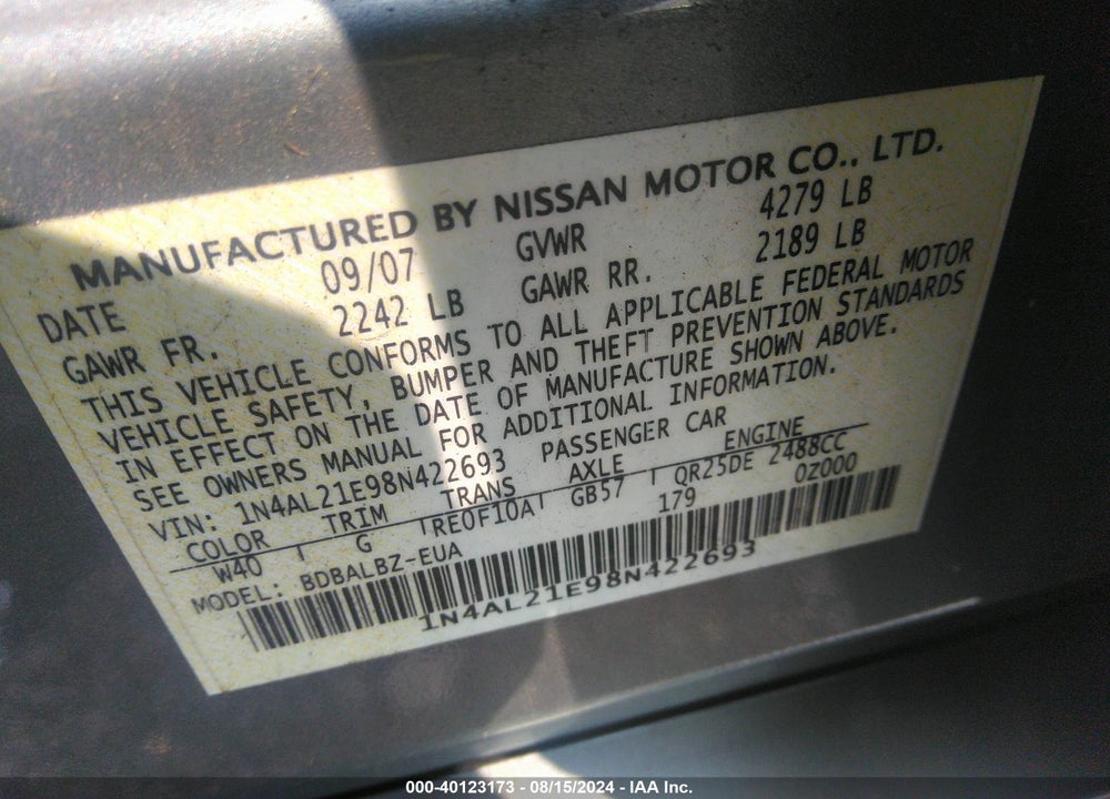 2008 NISSAN ALTIMA 2.5 S VIN: 1N4AL21E98N422693
