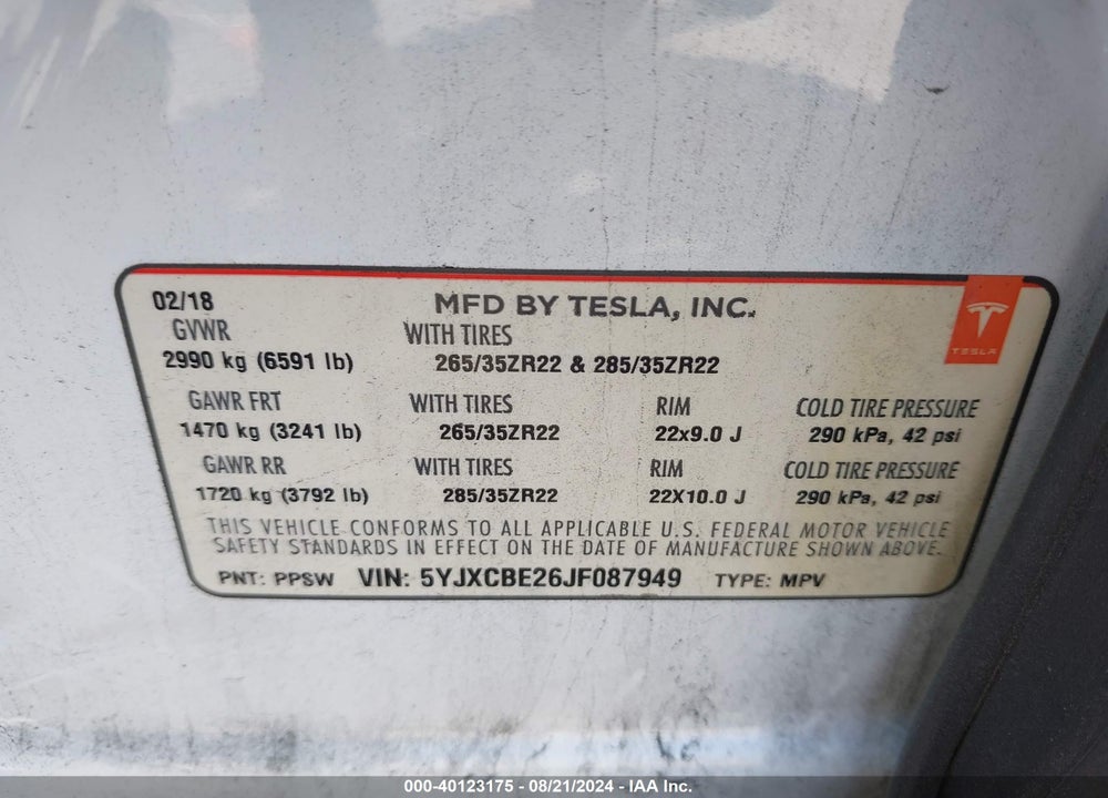 2018 TESLA MODEL X 100D/75D/P100D VIN: 5YJXCBE26JF087949