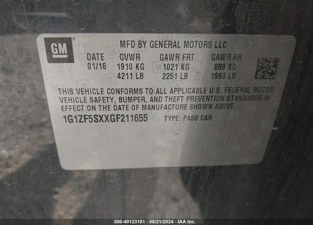 2016 CHEVROLET MALIBU VIN: 1G1ZF5SXXGF211655