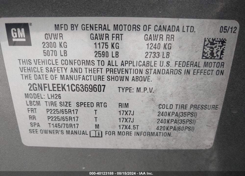 2012 CHEVROLET EQUINOX 1LT VIN: 2GNFLEEK1C6369607