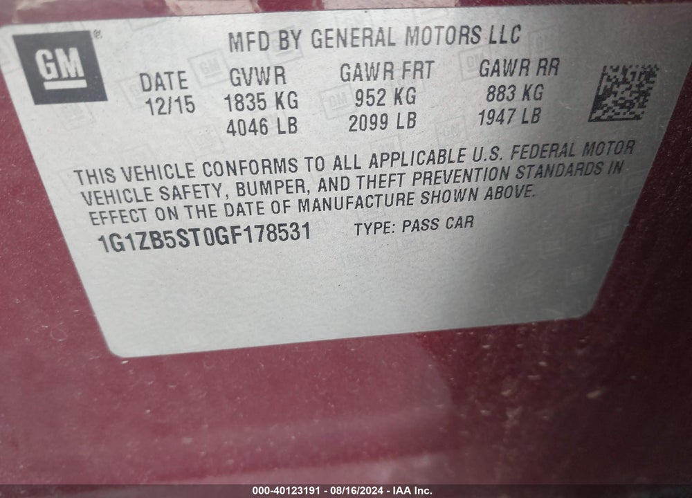 2016 CHEVROLET MALIBU LS VIN: 1G1ZB5ST0GF178531