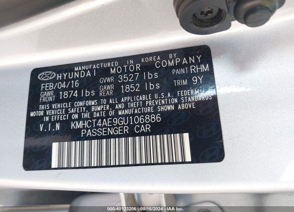 2016 HYUNDAI ACCENT VIN: KMHCT4AE9GU106886