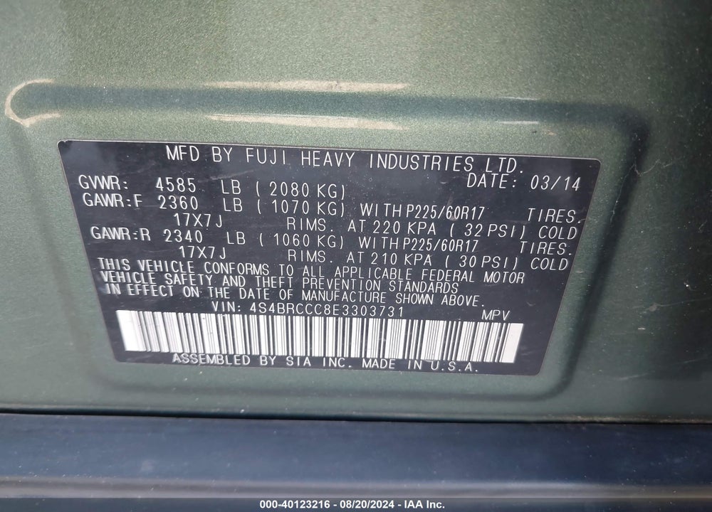 2014 SUBARU OUTBACK 2.5I PREMIUM VIN: 4S4BRCCC8E3303731