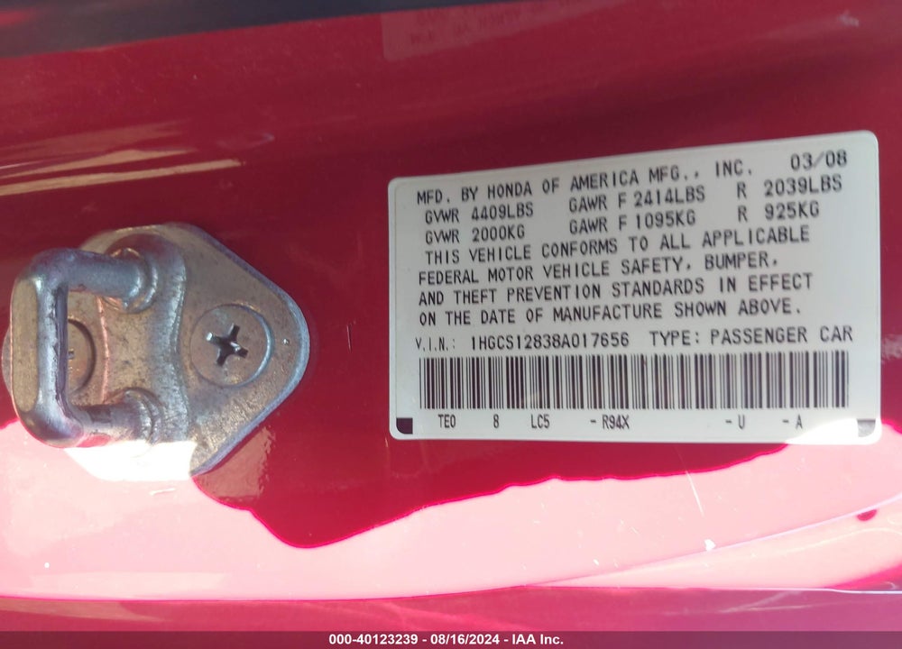 2008 HONDA ACCORD 2.4 EX-L VIN: 1HGCS12838A017656