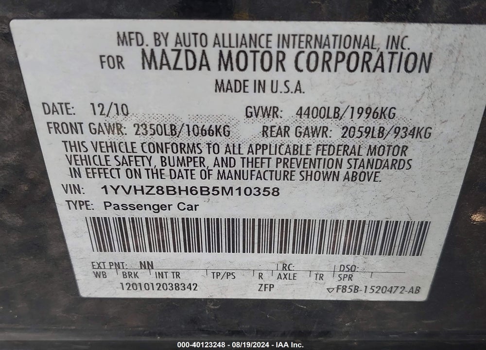 2011 MAZDA 6 I SPORT VIN: 1YVHZ8BH6B5M10358