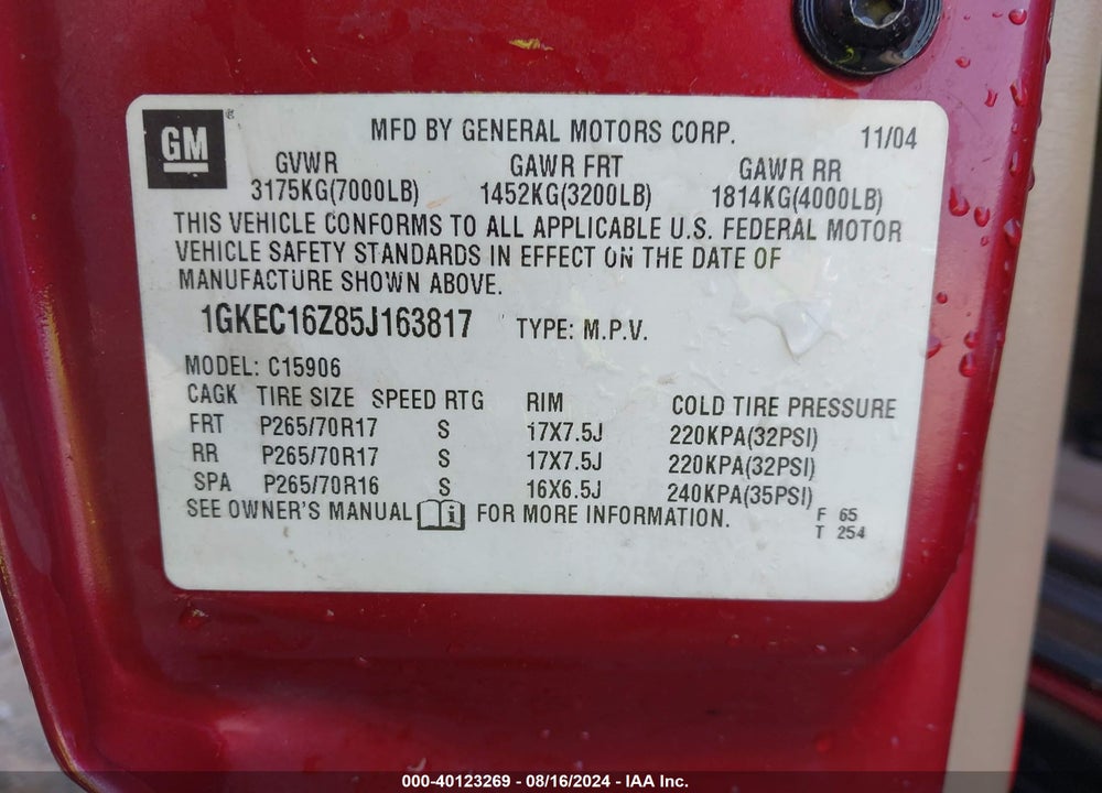 2005 GMC YUKON XL 1500 SLT VIN: 1GKEC16Z85J163817