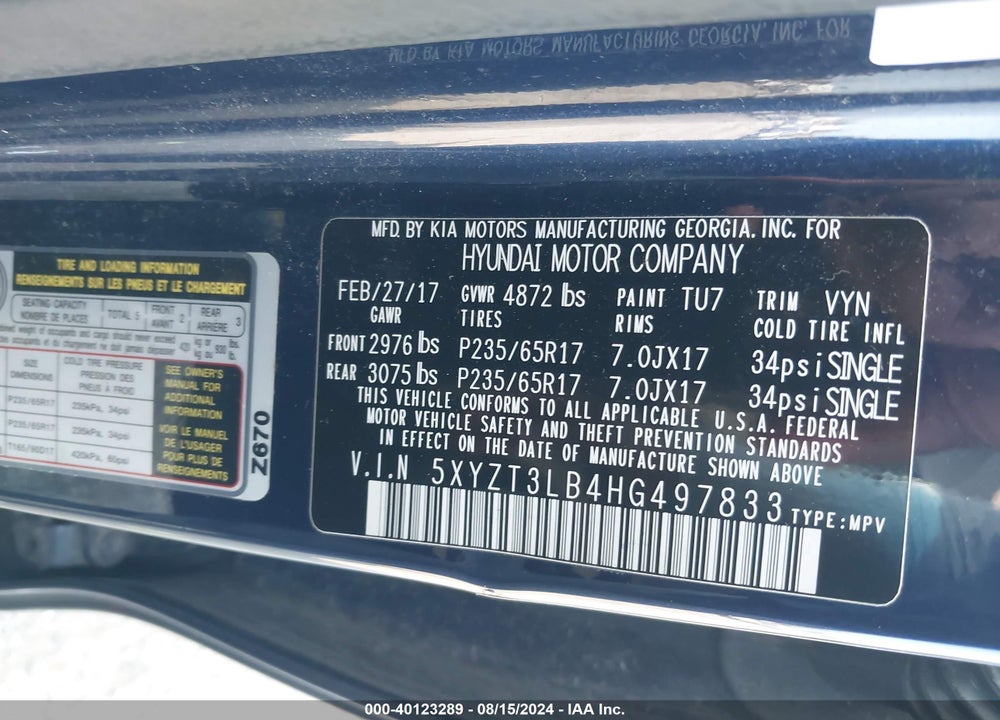 2017 HYUNDAI SANTA FE SPORT 2.4L VIN: 5XYZT3LB4HG497833