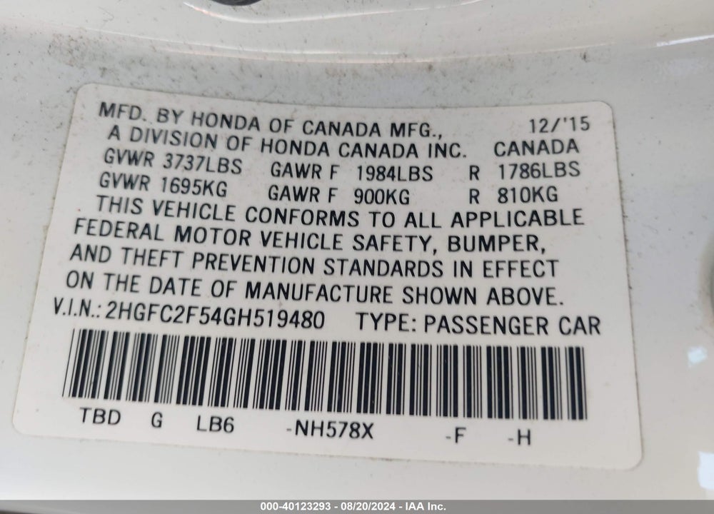 2016 HONDA CIVIC LX VIN: 2HGFC2F54GH519480