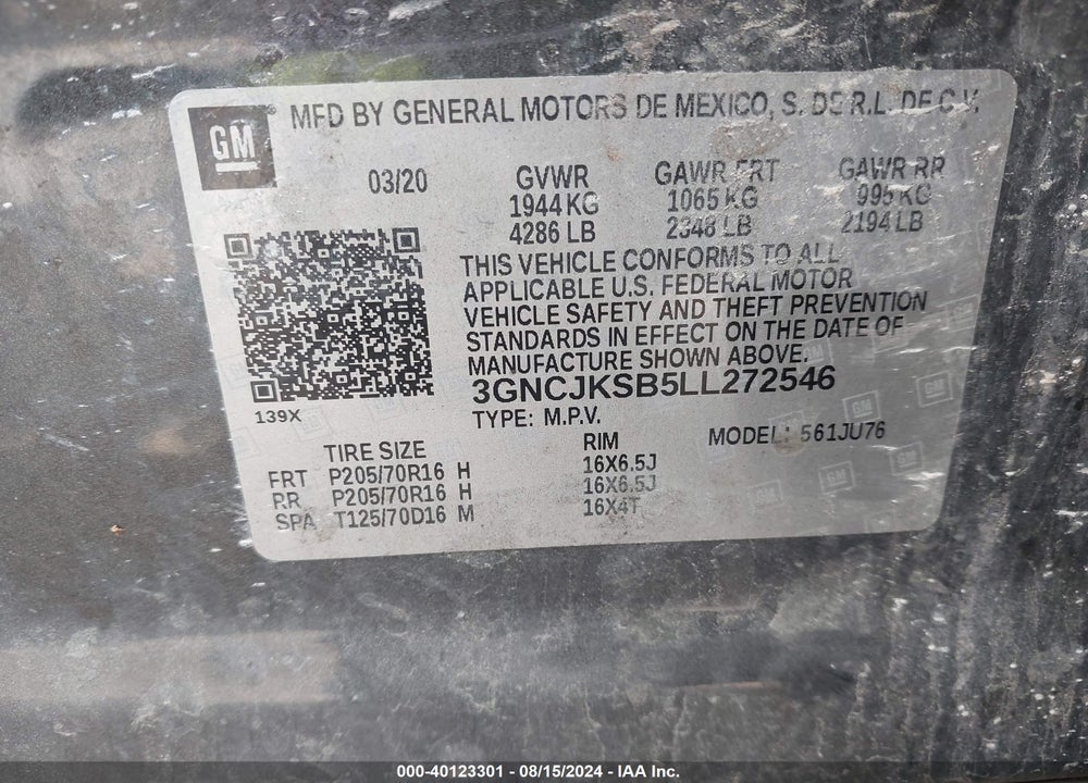 2020 CHEVROLET TRAX FWD LS VIN: 3GNCJKSB5LL272546