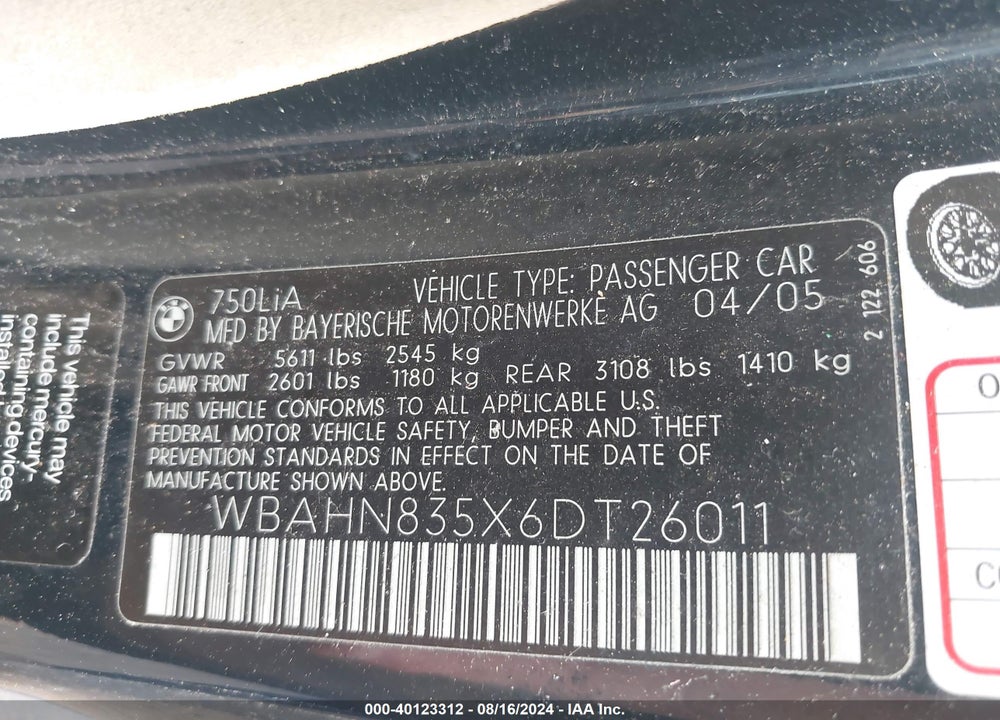 2006 BMW 750LI VIN: WBAHN835X6DT26011