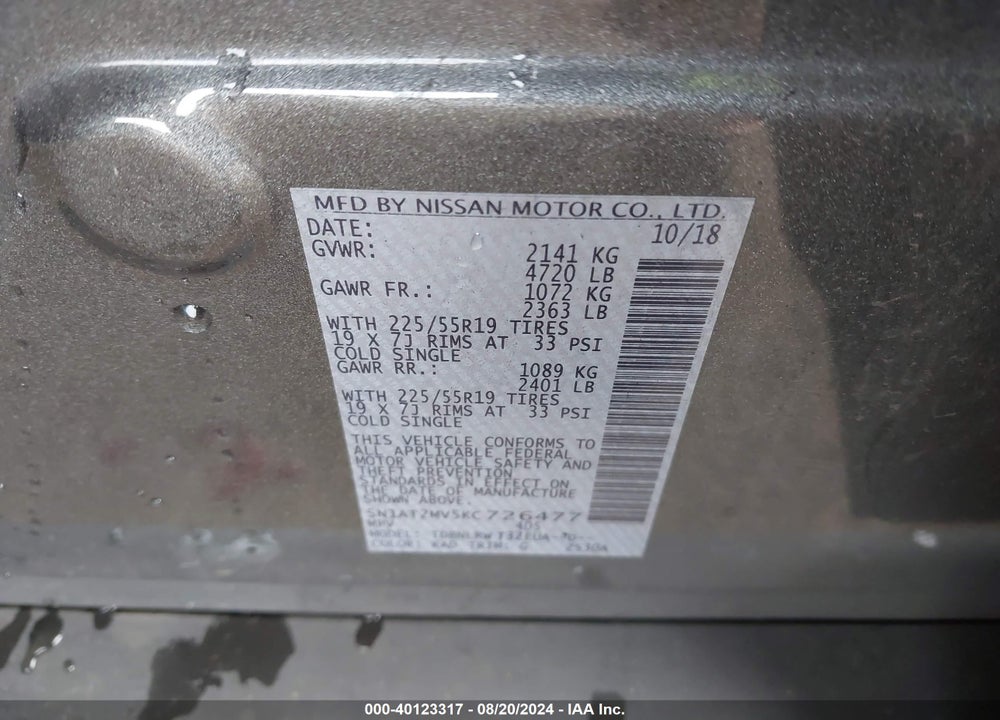 2019 NISSAN ROGUE SL VIN: 5N1AT2MV5KC726477