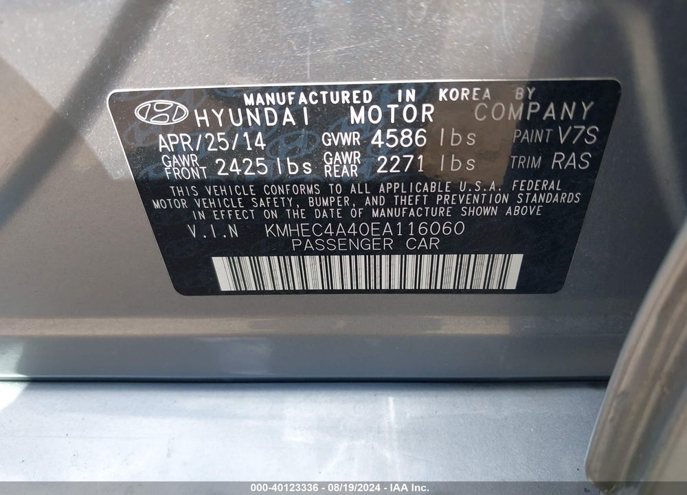 2014 HYUNDAI SONATA HYBRID LIMITED VIN: KMHEC4A40EA116060
