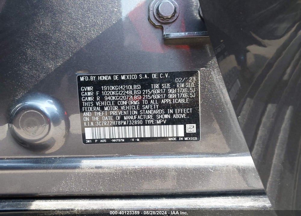2023 HONDA HR-V AWD EX-L VIN: 3CZRZ2H78PM732890