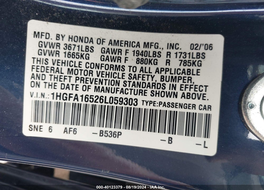 2006 HONDA CIVIC LX VIN: 1HGFA16526L059303