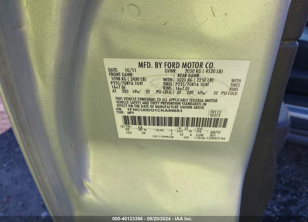 2012 FORD ESCAPE XLT VIN: 1FMCU0DG1CKA99683