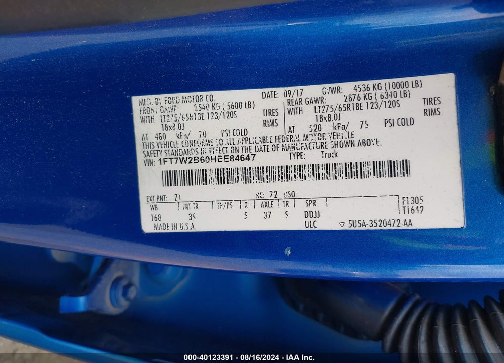 2017 FORD F-250 XLT VIN: 1FT7W2B60HEE84647