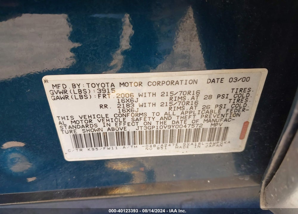 2000 TOYOTA RAV4 VIN: JT3GP10V9Y0047572