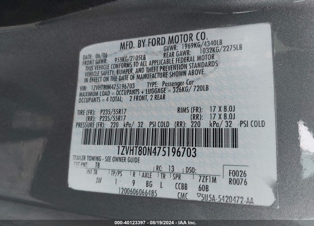 2007 FORD MUSTANG V6 DELUXE/V6 PREMIUM VIN: 1ZVHT80N475196703