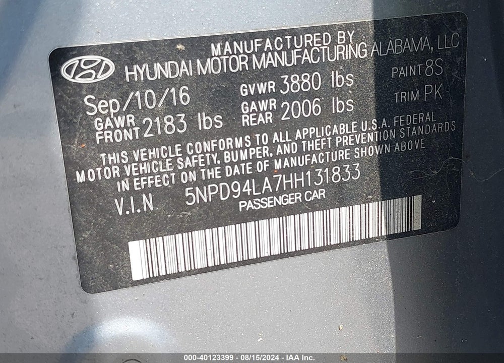 2017 HYUNDAI ELANTRA ECO VIN: 5NPD94LA7HH131833