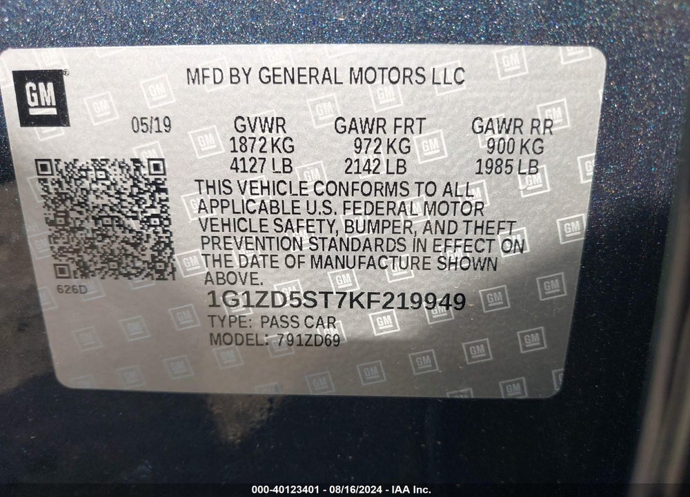 2019 CHEVROLET MALIBU LT VIN: 1G1ZD5ST7KF219949