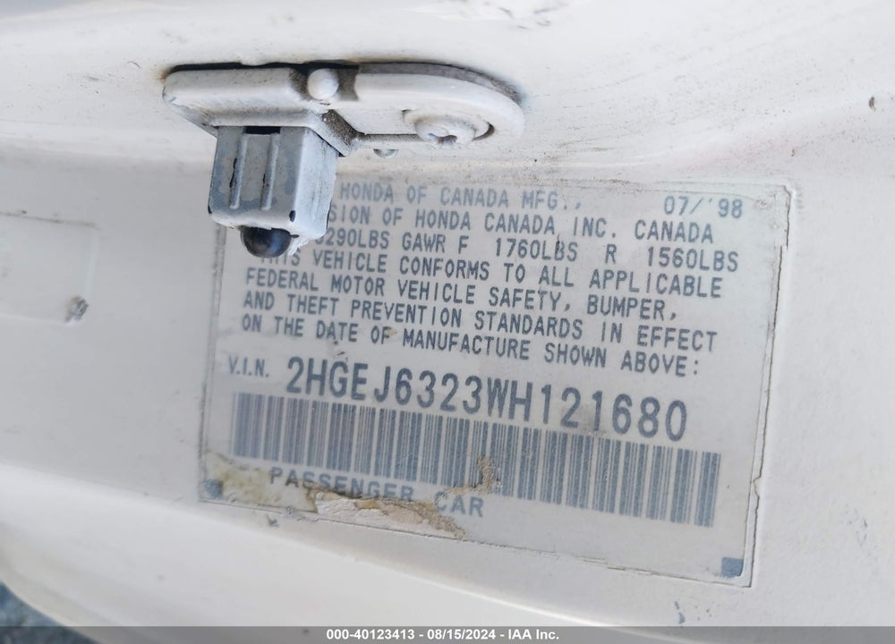 1998 HONDA CIVIC CX VIN: 2HGEJ6323WH121680