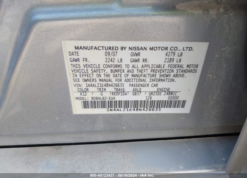 2008 NISSAN ALTIMA VIN: 1N4AL21E48N426635