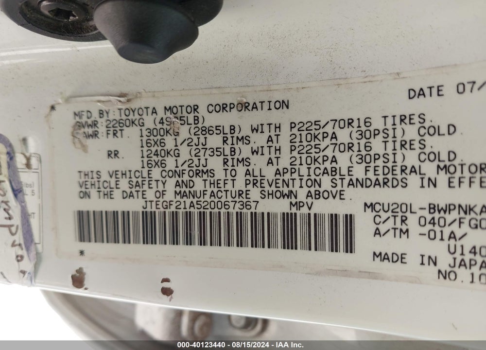 2002 TOYOTA HIGHLANDER V6 VIN: JTEGF21A520067367