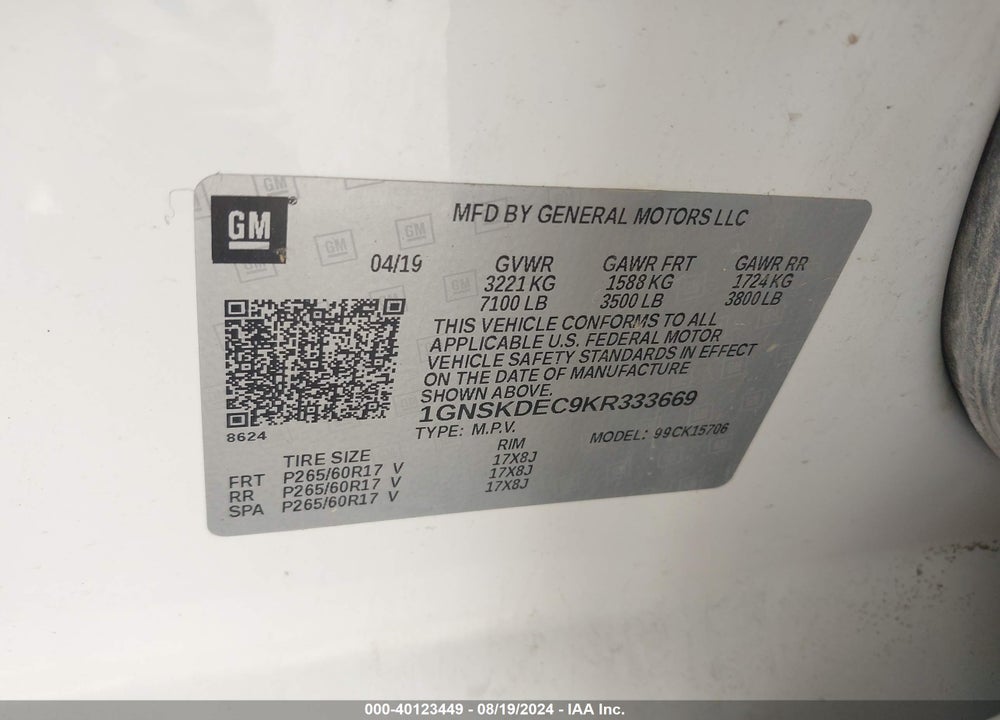 2019 CHEVROLET TAHOE COMMERCIAL FLEET VIN: 1GNSKDEC9KR333669