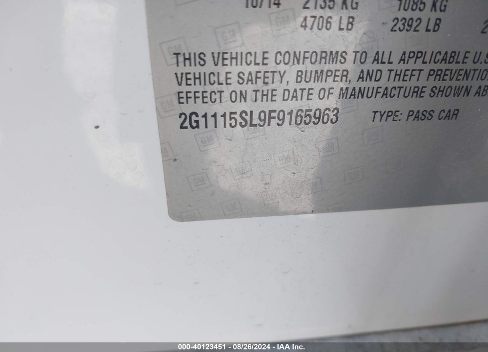 2015 CHEVROLET IMPALA 1LT VIN: 2G1115SL9F9165963