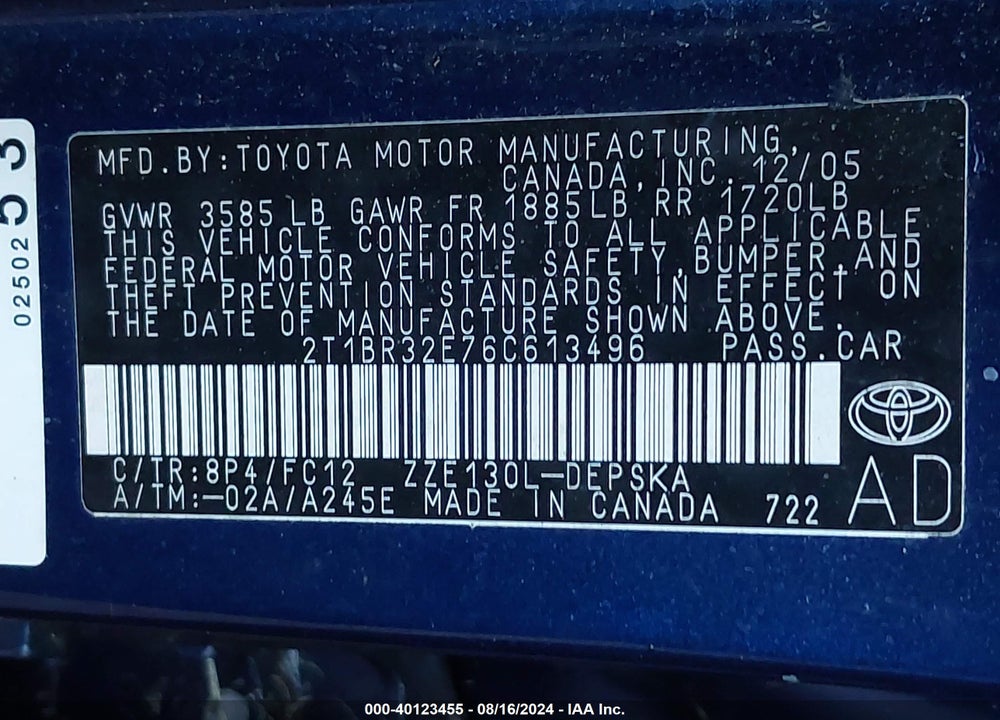 2006 TOYOTA COROLLA S VIN: 2T1BR32E76C613496