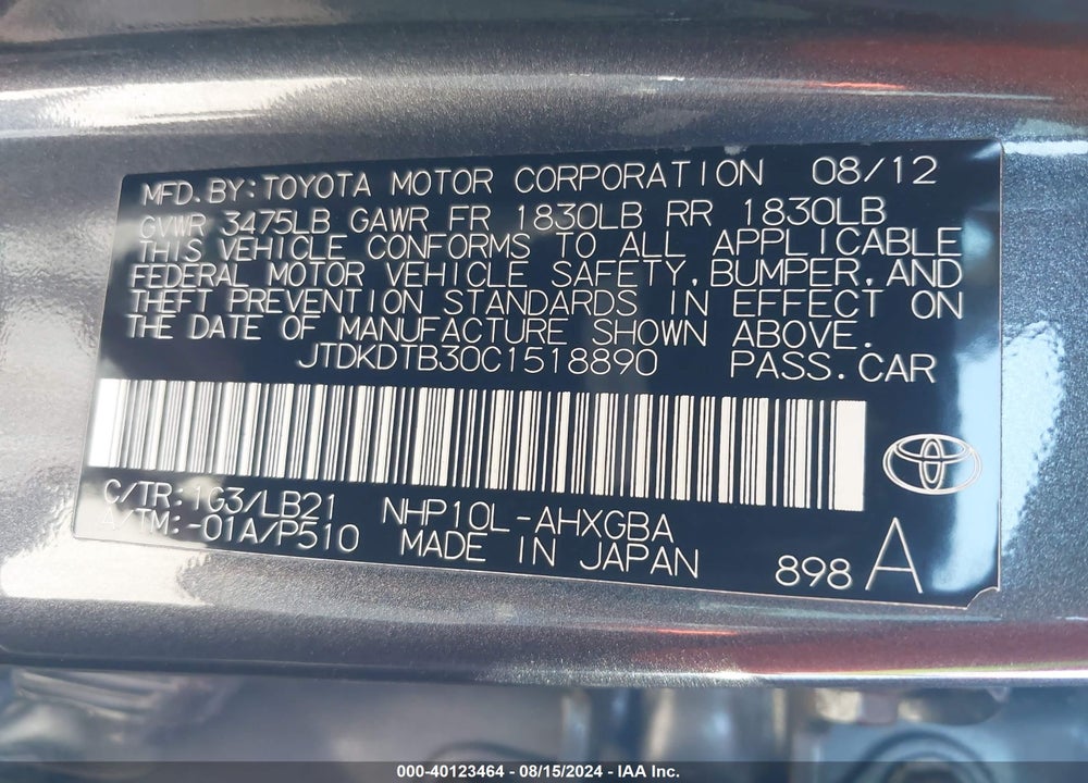 2012 TOYOTA PRIUS C FOUR VIN: JTDKDTB30C1518890