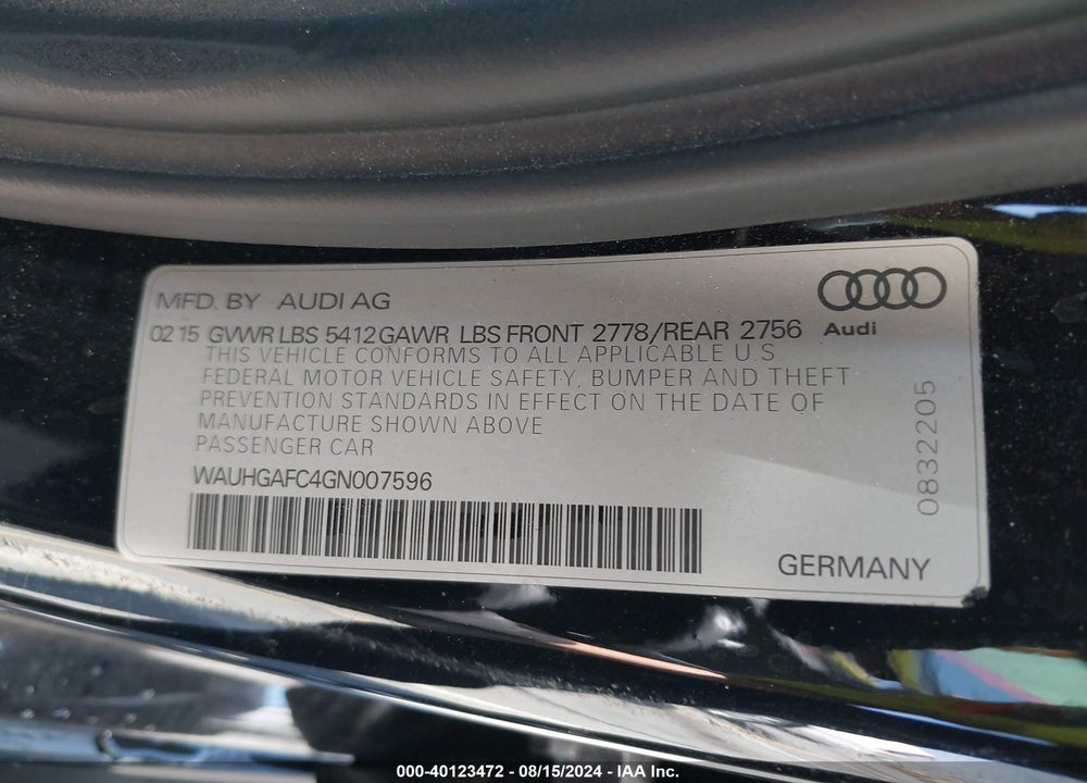 2016 AUDI A6 3.0T PREMIUM PLUS VIN: WAUHGAFC4GN007596