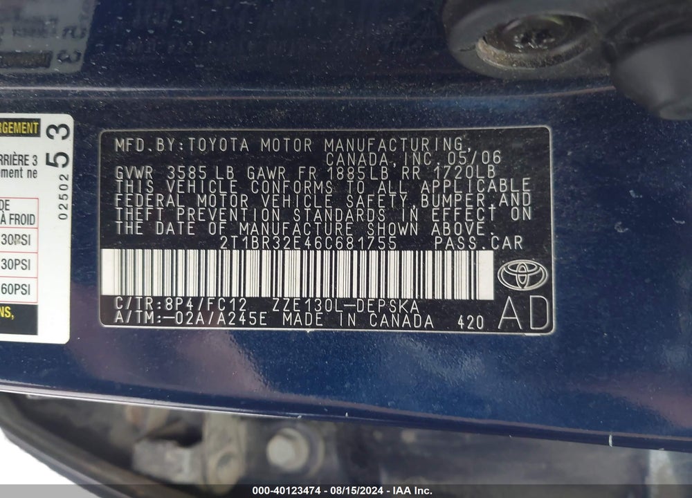 2006 TOYOTA COROLLA S VIN: 2T1BR32E46C681755
