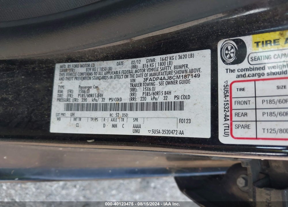 2012 FORD FIESTA S VIN: 3FADP4AJ8CM187149