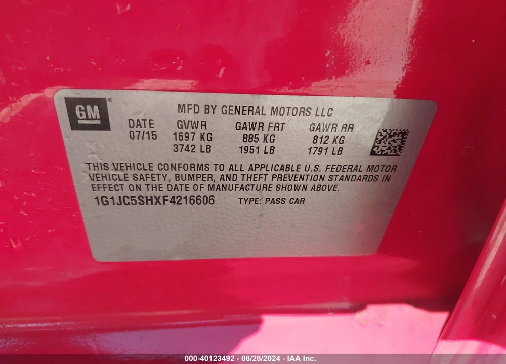 2015 CHEVROLET SONIC LT AUTO VIN: 1G1JC5SHXF4216606