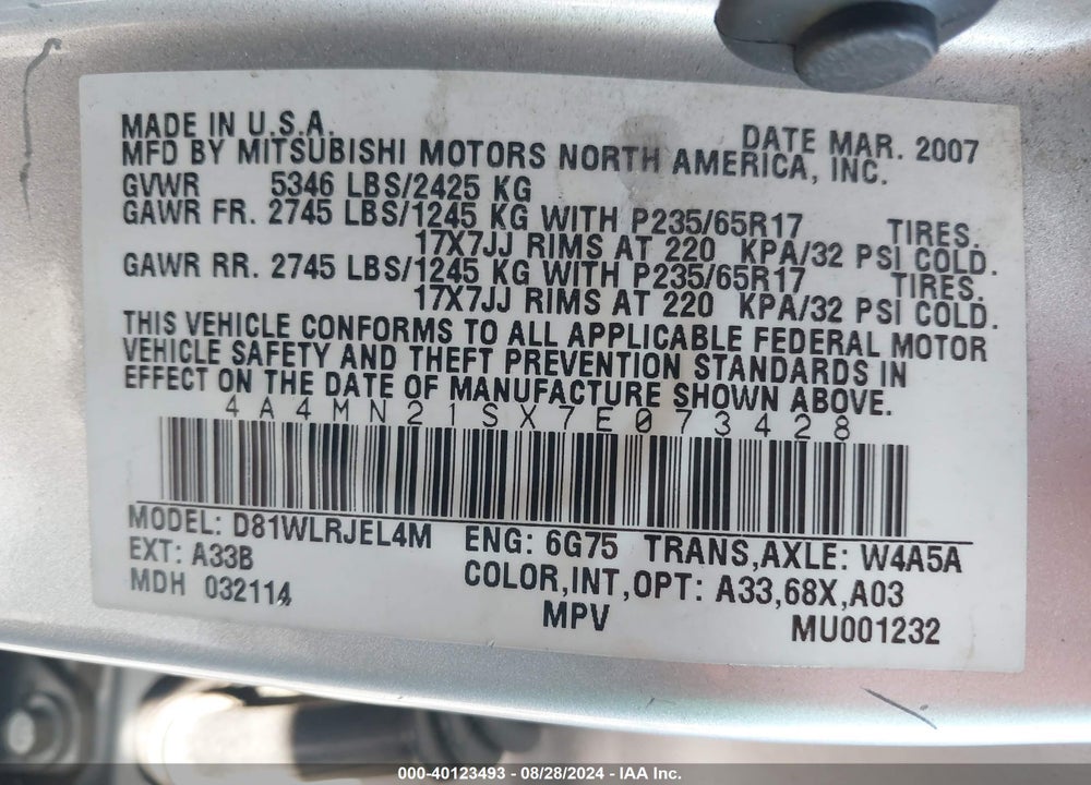 2007 MITSUBISHI ENDEAVOR LS VIN: 4A4MN21SX7E073428