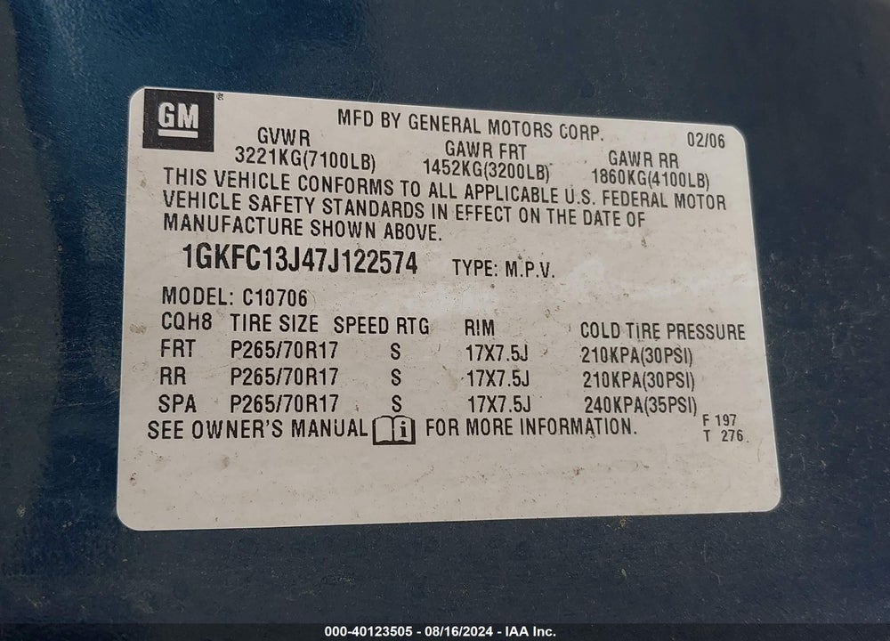 2007 GMC YUKON COMMERCIAL FLEET VIN: 1GKFC13J47J122574